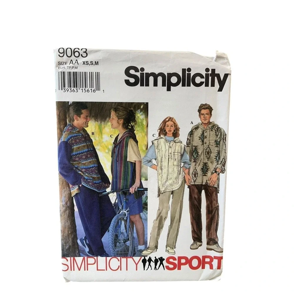 Simplicity 9063 Men Teen Boys Hooded Top Pants XS S M Vintage‎ FF UNCUT